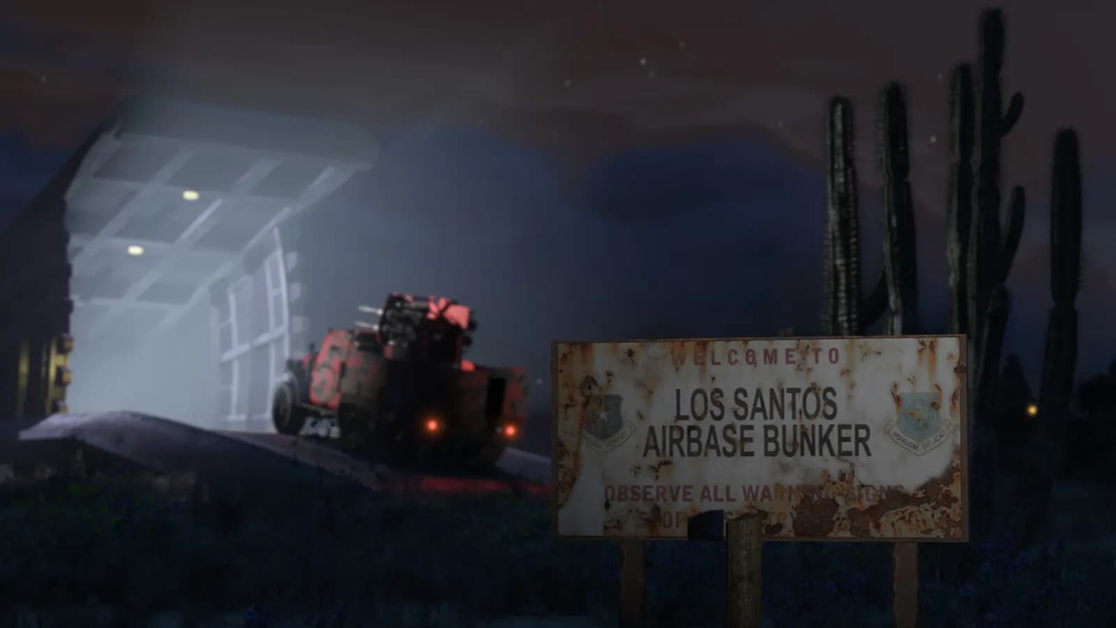 Nighttime Los Santos bunker scene used as an atmospheric backdrop for the illustrative server case